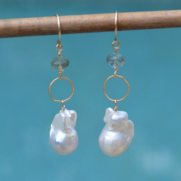 Keishi Pearls and Moss Aqua Earrings