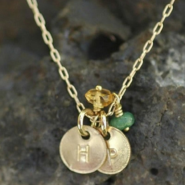 Tiny Engraved Disk Necklace with Gemstones in Gold Filled