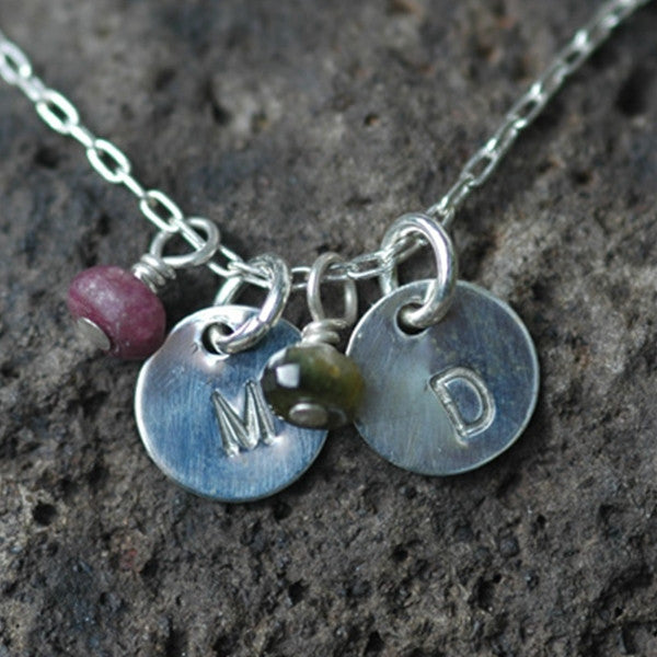 Tiny Engraved Disk Necklace with Gemstones in Sterling Silver